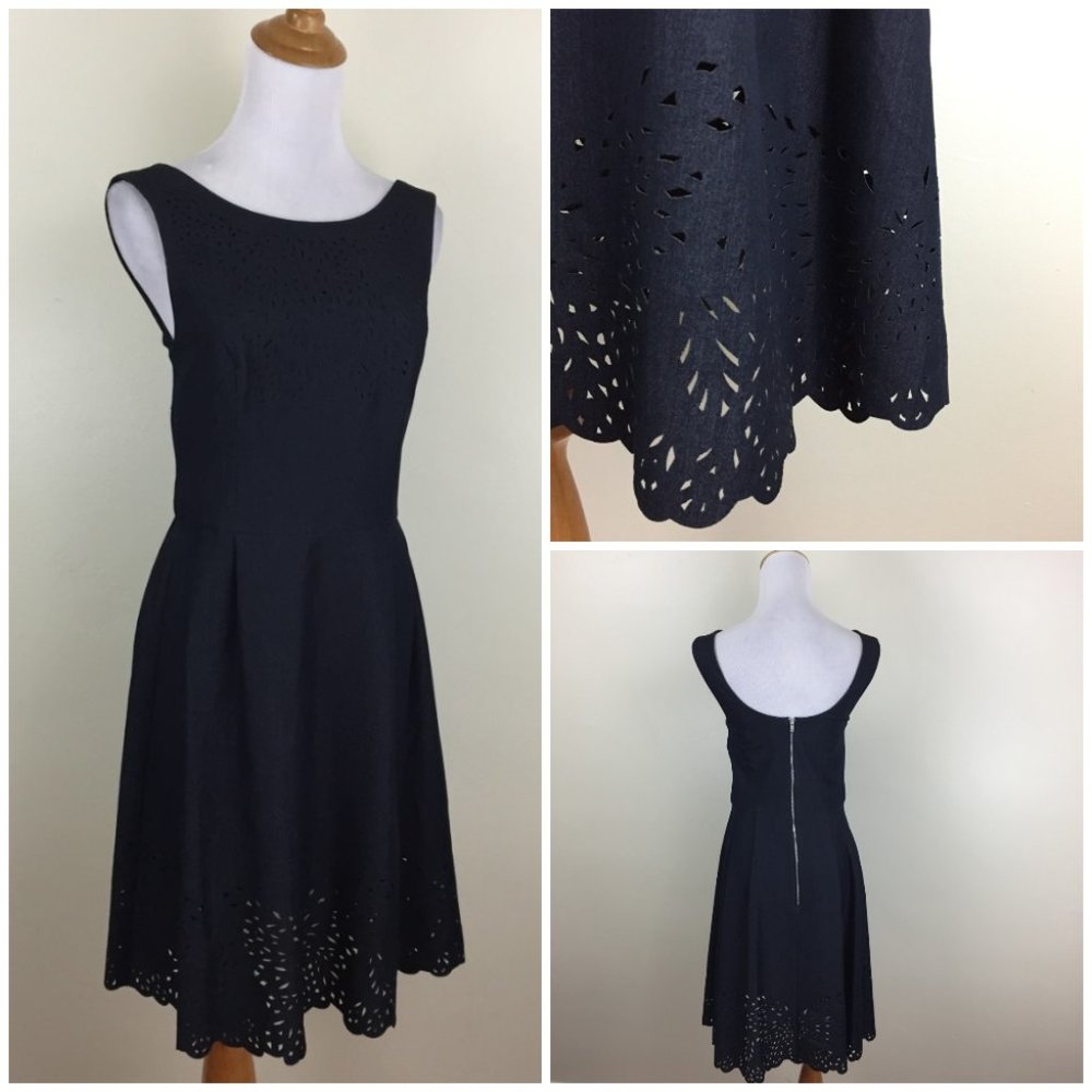 BETSEY JOHNSON Dark Blue Laser Cut/Perforated Boat Neck Fit & Flare Dress